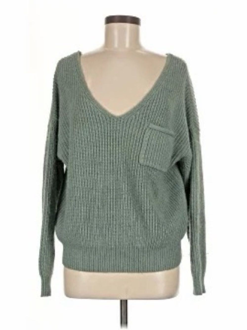 V-Neck Knit Pocket Sweater in Sage Green